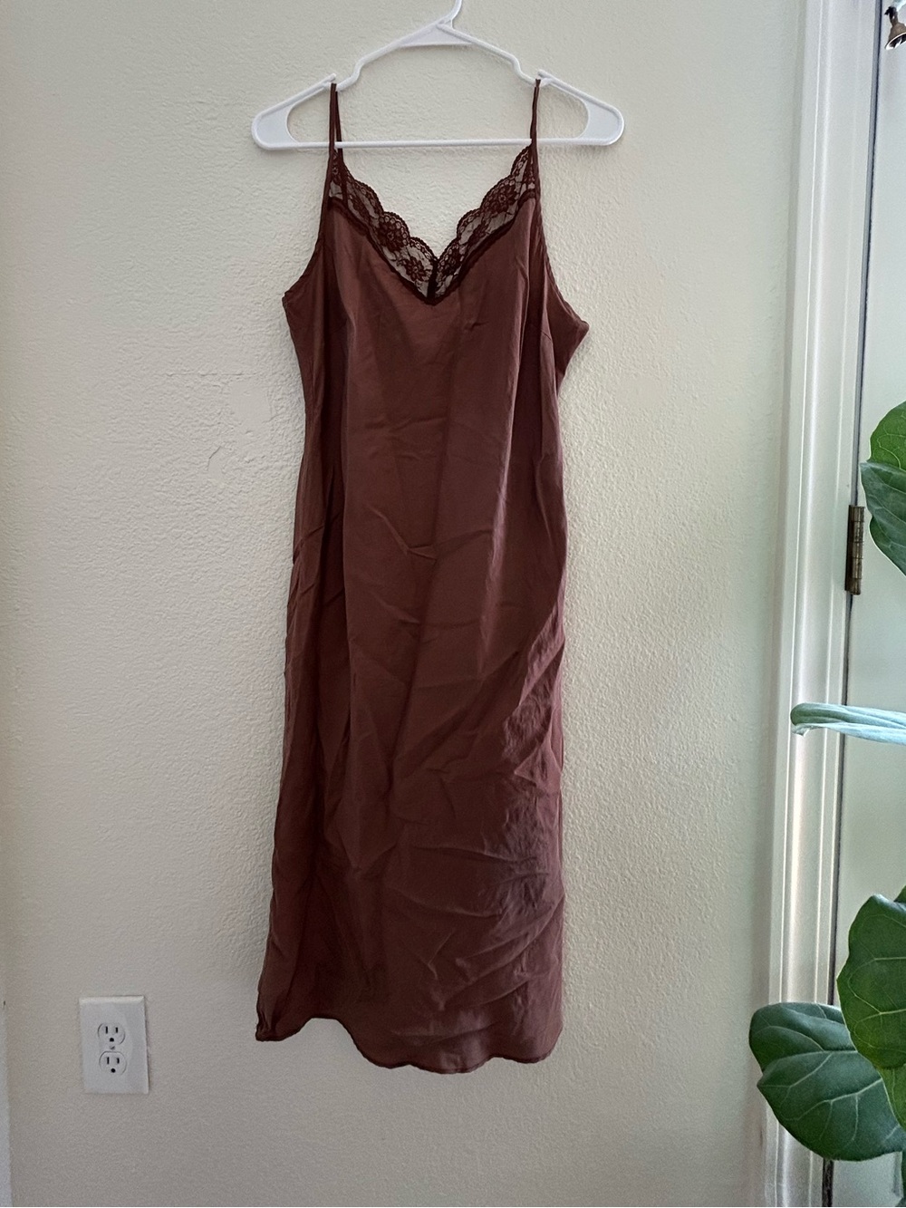 Brown Lace-Trim Silk Slip Dress